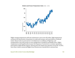 Beyond Traffic  Draft  Trends  How We Adapt 120
Higher average temperatures will raise maintenance costs across all modes. High temperatures
accelerate the deterioration of pavement on roads and runways, and cause failures of railroad
tracks. Heavy trucks are more prone to tire blowouts in conditions of high heat, and
transportation costs will increase as more refrigeration is needed for perishable items. Higher
temperatures would significantly increase the frequency of restrictions on aviation operations,
particularly at high altitude airports. Extreme heat also impairs the operation of aircraft. In 2013,
more than a dozen commercial flights from Phoenix were canceled due to extreme heat.
 
