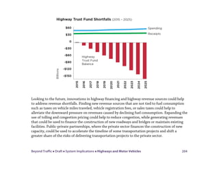 Beyond Traffic  Draft  System Implications  Highways and Motor Vehicles 204
Looking to the future, innovations in highway financing and highway revenue sources could help
to address revenue shortfalls. Finding new revenue sources that are not tied to fuel consumption
such as taxes on vehicle miles traveled, vehicle registration fees, or sales taxes could help to
alleviate the downward pressure on revenues caused by declining fuel consumption. Expanding the
use of tolling and congestion pricing could help to reduce congestion, while generating revenues
that could be used to finance the construction of new roadways and bridges or maintain existing
facilities. Public-private partnerships, where the private sector finances the construction of new
capacity, could be used to accelerate the timeline of some transportation projects and shift a
greater share of the risks of delivering transportation projects to the private sector.
 