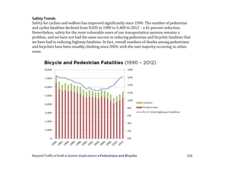 Beyond Traffic  Draft  System Implications  Pedestrians and Bicycles 228
Safety Trends
Safety for cyclists and walkers has improved significantly since 1990. The number of pedestrian
and cyclist fatalities declined from 9,035 in 1980 to 5,469 in 2012 – a 41 percent reduction.
Nevertheless, safety for the most vulnerable users of our transportation systems remains a
problem, and we have not had the same success in reducing pedestrian and bicyclist fatalities that
we have had in reducing highway fatalities. In fact, overall numbers of deaths among pedestrians
and bicyclists have been steadily climbing since 2009, with the vast majority occurring in urban
areas.
 