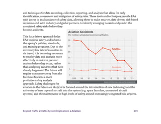 Beyond Traffic  Draft  System Implications  Aviation 239
and techniques for data recording, collection, reporting, and analysis that allow for early
identification, assessment and mitigation of safety risks. These tools and techniques provide FAA
with access to an abundance of safety data, allowing them to make smarter, data-driven, risk-based
decisions and, with industry and global partners, to identify emerging hazards and predict the
associated safety risks before they
become accidents.
This data-driven approach helps
FAA improve safety and informs
the agency’s policies, standards,
and training programs. Due to the
extremely low rate of casualties in
air travel, it is becoming necessary
to employ data and analysis more
effectively in order to prevent
crashes before they occur, rather
than analyzing accidents that have
already happened. The future will
require us to move away from the
forensics towards a more
predictive safety analysis
approach. Safety challenges for
aviation in the future are likely to be focused around the introduction of new technology and the
safe entry of new types of aircraft into the system (e.g. space launches, unmanned aircraft
systems) and the maintenance of high levels of safety around increasingly congested hub airports.
 