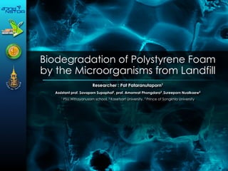 Biodegradation of Polystyrene Foam
by the Microorganisms from Landfill
Researcher : Pat Pataranutaporn1
Assistant prof. Savaporn Supaphol2
, prof. Amornrat Phongdara3
,Sureeporn Nualkaew3
1
PSU.Wittayanusorn school, 2
Kasetsart University, 3
Prince of Songkhla University
 