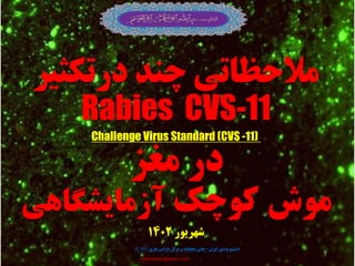 ‫درتکثیر‬ ‫چنذ‬ ‫مالحظاتی‬
Rabies CVS-11
)
11
-
CVS
Virus Standard (
Challenge
‫مغس‬ ‫در‬
‫موش‬
‫کوچک‬
‫آزمایشگاهی‬
mskhosravy@yahoo.com
‫ایران‬ ‫پاستور‬ ‫انستیتو‬
-
‫هاری‬ ‫رفرانس‬ ‫مرکس‬ ‫و‬ ‫تحمیمات‬ ‫بخص‬
O
W.H.
1
‫ؿْشیَس‬
1402
 