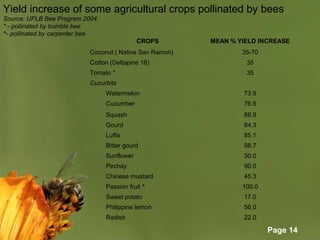 Page 14
CROPS MEAN % YIELD INCREASE
Coconut ( Native San Ramon) 35-70
Cotton (Deltapine 16) 35
Tomato * 35
Cucurbits
Watermelon 73.9
Cucumber 76.5
Squash 88.9
Gourd 84.3
Luffa 85.1
Bitter gourd 98.7
Sunflower 30.0
Pechay 90.0
Chinese mustard 45.3
Passion fruit ^ 100.0
Sweet potato 17.0
Philippine lemon 56.0
Radish 22.0
Yield increase of some agricultural crops pollinated by bees
Source: UPLB Bee Program.2004.
* - pollinated by bumble bee
^- pollinated by carpenter bee
 