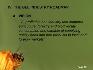 Page 19
IV. THE BEE INDUSTRY ROADMAP
A. VISION
       “A profitable bee industry that supports
agriculture, forestry and biodiversity
conservation and capable of supplying
quality bees and bee products to local and
foreign markets”
 