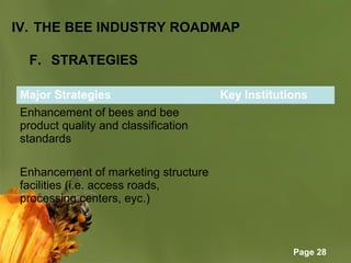 Page 28
IV. THE BEE INDUSTRY ROADMAP
F. STRATEGIES
Major Strategies Key Institutions
Enhancement of bees and bee
product quality and classification
standards
Enhancement of marketing structure
facilities (i.e. access roads,
processing centers, eyc.)
 