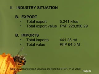 Page 6
II. INDUSTRY SITUATION
B. EXPORT
• Total export 5,241 kilos
• Total export value PhP 228,850.29
B. IMPORTS
• Total imports 441.25 mt
• Total value PhP 64.5 M
Note: export and import volumes are from the BTEP, 1st
Q, 2009
 