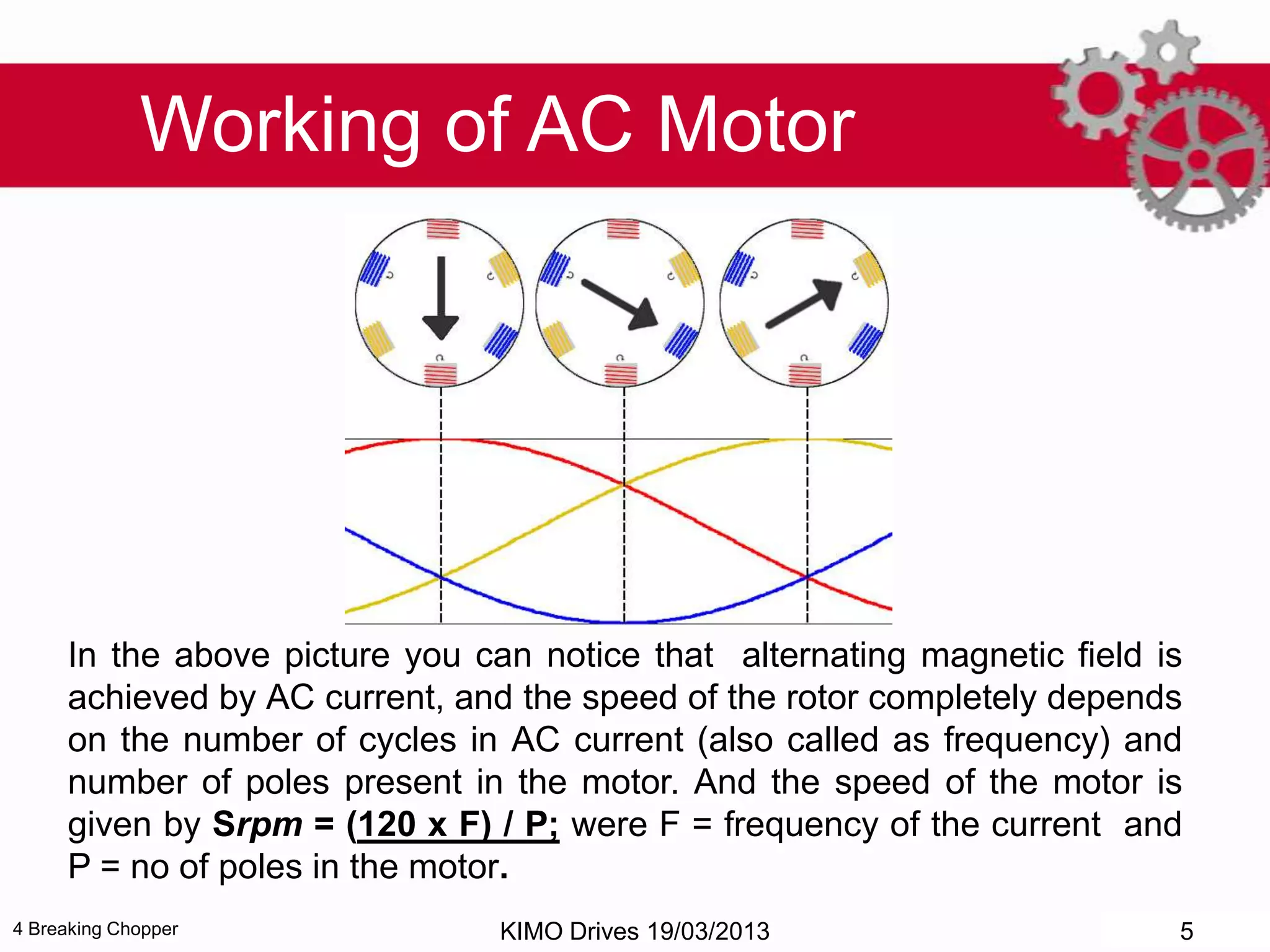 4 Breaking Chopper
In the above picture you can notice that alternating magnetic field is
achieved by AC current, and the speed of the rotor completely depends
on the number of cycles in AC current (also called as frequency) and
number of poles present in the motor. And the speed of the motor is
given by Srpm = (120 x F) / P; were F = frequency of the current and
P = no of poles in the motor.
Working of AC Motor
KIMO Drives 19/03/2013 5
 