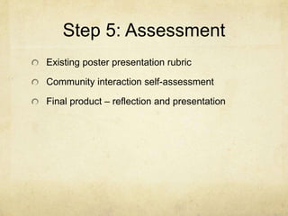 Step 5: Assessment
Existing poster presentation rubric

Community interaction self-assessment

Final product – reflection and presentation
 