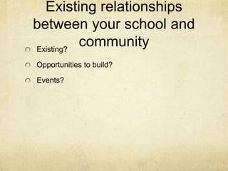 Existing relationships
between your school and
Existing?
          community
Opportunities to build?

Events?
 