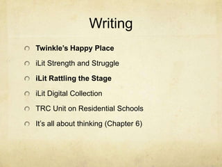 Writing
Twinkle’s Happy Place

iLit Strength and Struggle

iLit Rattling the Stage

iLit Digital Collection

TRC Unit on Residential Schools

It’s all about thinking (Chapter 6)
 