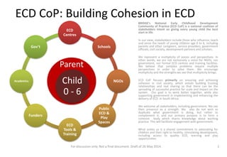 Parent
ECD CoP: Building Cohesion in ECD
BRIDGE’s National Early Childhood Development
Community of Practice (ECD CoP) is a national coalition of
stakeholders intent on giving every young child the best
start in life.
In our view, stakeholders include those who influence, teach
and serve the needs of young children age 0 to 6, including
parents and other caregivers, service providers, government
officials, civil society, development partners and scholars.
We represent a multiplicity of voices and perspectives. In
other words, we are not exclusively a voice for NGOs, nor
government, nor formal ECD centres and training facilities.
We believe that complex problems require multiple
perspectives in order to solve them. We encourage
multiplicity and the strengths we see that multiplicity brings.
ECD CoP focuses primarily on ensuring and achieving
cohesion in civil society, which entails building trusting
relationships and real sharing so that there can be the
spreading of successful practice for scale and impact on the
system. Our goal is to work better together, while also
supporting government in implementing and enhancing the
delivery of ECD in South Africa.
We welcome all stakeholders, including government. We see
their presence as a strength. We also do not wish to
duplicate what government is doing, but rather to
complement it, and our primary purpose is to form a
cohesive body which shares knowledge about working
practice This will facilitate engagement with government.
What unites us is a shared commitment to advocating for
children and their right to healthy, stimulating development,
including access to quality ECD, learning and play
opportunities.
For discussion only. Not a final document. Draft of 26 May 2014. 1
Child
0 - 6
ECD
Centres
Schools
NGOs
Public
ECD &
Play
Spaces
ECD
Tools &
Training
Funders
Academics
Gov’t
 