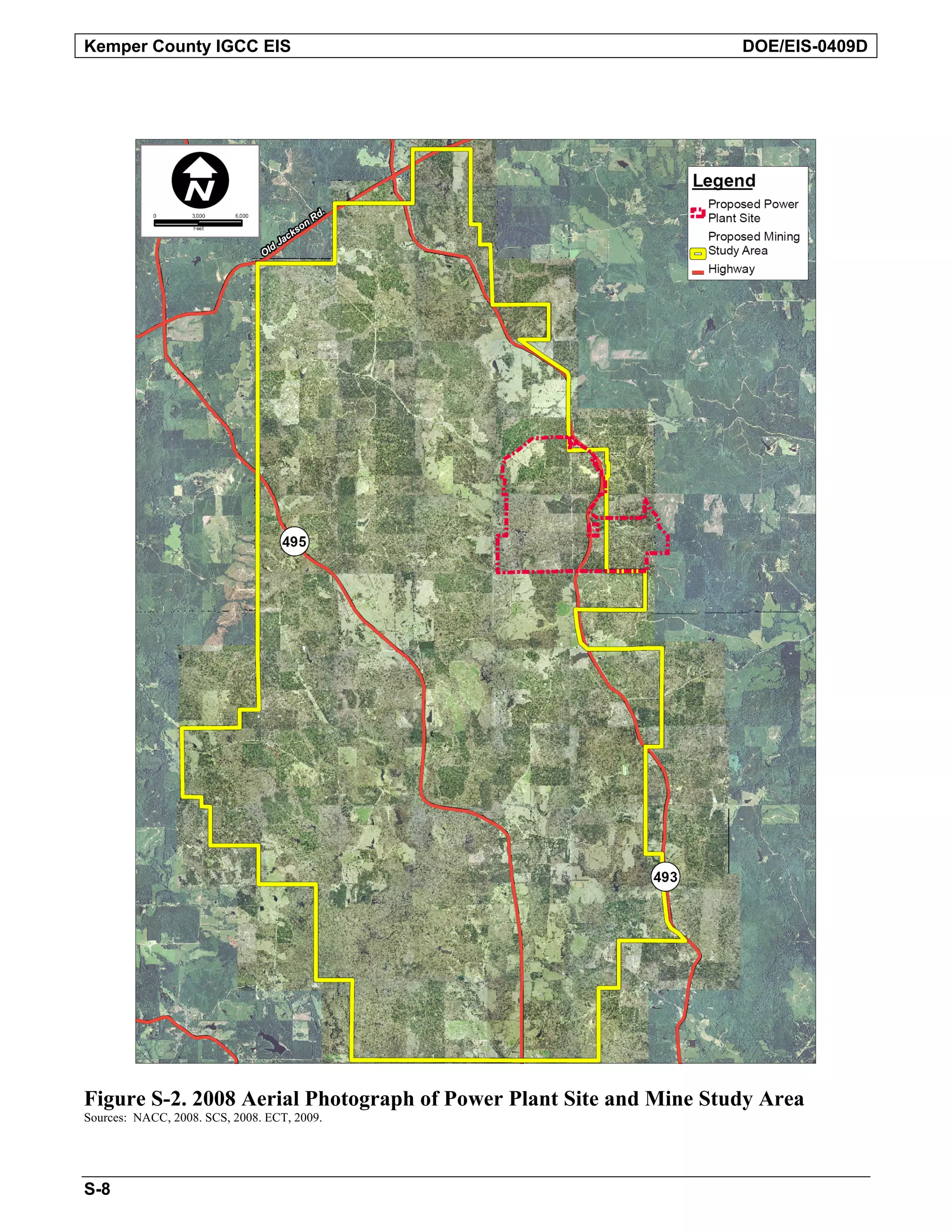 Kemper County IGCC EIS DOE/EIS-0409D
Figure S-2. 2008 Aerial Photograph of Power Plant Site and Mine Study Area
Sources: NACC, 2008. SCS, 2008. ECT, 2009.
S-8