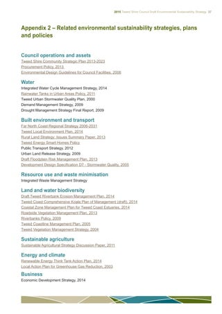 2015 Tweed Shire Council Draft Environmental Sustainability Strategy 37
Appendix 2 – Related environmental sustainability strategies, plans
and policies
Sustainable agriculture
Sustainable Agricultural Strategy Discussion Paper,
2011
Energy and climate
Renewable Energy Think Tank Action Plan, 2014
Local Action Plan for Greenhouse Gas Reduction, 2003
Business
Economic Development Strategy, 2014
Council operations and assets
Tweed Shire Community Strategic Plan 2013-2023
Procurement Policy, 2013
Environmental Design Guidelines for Council Facilities,
2008
Environmental Due Diligence Duty of Care
Environmental Risks Managing Workplace Hazards
Environmental Safety Standard Operating Procedure
Workplace Environmental Safety Protocol
Water
Integrated Water Cycle Management Strategy, 2014
Rainwater Tanks in Urban Areas Policy, 2011
Tweed Urban Stormwater Quality Plan, 2000
Demand Management Strategy, 2009
Drought Management Strategy Final Report, 2009
Built environment and transport
Far North Coast Regional Strategy 2006-2031
Tweed Local Environment Plan, 2014
Rural Land Strategy: Issues Summary Paper, 2013
Tweed Energy Smart Homes Policy
Public Transport Strategy, 2012
Urban Land Release Strategy, 2009
Draft Floodplain Risk Management Plan, 2013
Development Design Specification D7 - Stormwater
Quality, 2005
Resource use and waste minimisation
Integrated Waste Management Strategy
Land and water biodiversity
Draft Tweed Riverbank Erosion Management Plan,
2014
Tweed Coast Comprehensive Koala Plan of
Management (draft), 2014
Coastal Zone Management Plan for Tweed Coast
Estuaries, 2014
Roadside Vegetation Management Plan, 2013
Riverbanks Policy, 2009
Tweed Coastline Management Plan, 2005
Tweed Vegetation Management Strategy, 2004
 