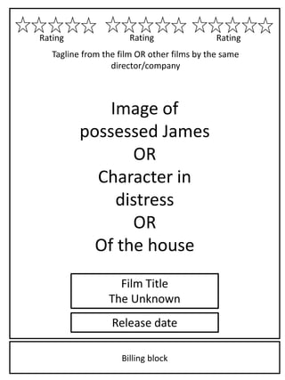 Rating 
Rating Rating 
Tagline from the film OR other films by the same 
director/company 
Image of 
possessed James 
OR 
Character in 
distress 
OR 
Of the house 
Film Title 
The Unknown 
Release date 
Billing block 
