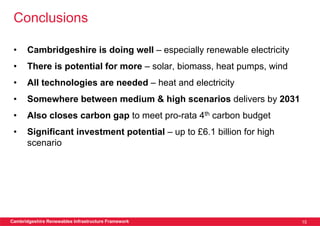 Conclusions

 •     Cambridgeshire is doing well – especially renewable electricity
 •     There is potential for more – solar, biomass, heat pumps, wind
 •     All technologies are needed – heat and electricity
 •     Somewhere between medium & high scenarios delivers by 2031
 •     Also closes carbon gap to meet pro-rata 4th carbon budget
 •     Significant investment potential – up to £6.1 billion for high
       scenario




Cambridgeshire Renewables Infrastructure Framework                       15
 