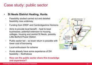 Case study: public sector

 •       St Neots District Heating, Hunts
     •    Feasibility studied carried out and detailed
          feasibility now underway
     •    Funding from ERDF and Cambridgeshire Horizons
     •    Aims to provide local benefit – heat to local
          businesses; potential extension to housing,
          colleges, housing and central St Neots, possibly
          Little Barford Power Station
     •    Public sector led – so lower return is possible with
          lower cost of borrowing
     •    Local enthusiasm for scheme
     •    Hunts already have some experience of DH
          feasibility – Northstowe
     •    How can the public sector share this knowledge
          and experience?
Cambridgeshire Renewables Infrastructure Framework               44
 