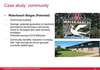 Case study: community

 •       Waterbeach Biogas (Potential)
     •    Community building
     •    Savings: potential generation of electricity
          and heat for the Emmaus community;
          home to 30 people who were formerly
          homeless.
          Potential savings of £14,000/year
     •    Community benefits: reduction in energy
          bills; high savings as not on gas grid
          (currently bottled gas)




Cambridgeshire Renewables Infrastructure Framework       48
 