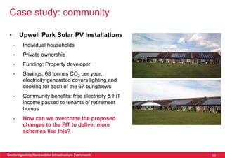 Case study: community

 •       Upwell Park Solar PV Installations
     •    Individual households
     •    Private ownership
     •    Funding: Property developer
     •    Savings: 68 tonnes CO2 per year;
          electricity generated covers lighting and
          cooking for each of the 67 bungalows
     •    Community benefits: free electricity & FiT
          income passed to tenants of retirement
          homes
     •    How can we overcome the proposed
          changes to the FIT to deliver more
          schemes like this?



Cambridgeshire Renewables Infrastructure Framework     49
 