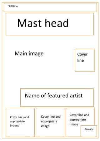 Sell line




        Mast head

     Main image                          Cover
                                         line




            Name of featured artist


                                    Cover line and
 Cover lines and   Cover line and
                                    appropriate
 appropriate       appropriate
 images                             image
                   image
                                              Barcode
 