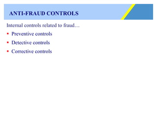 ANTI-FRAUD CONTROLS   Internal controls related to fraud… Preventive controls  Detective controls  Corrective controls  