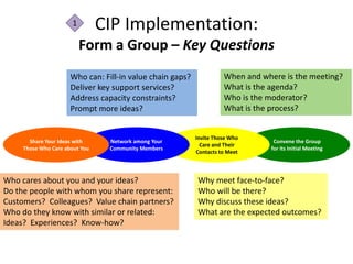 1        CIP Implementation:
                           Form a Group – Key Questions
                      Who can: Fill-in value chain gaps?             When and where is the meeting?
                      Deliver key support services?                  What is the agenda?
                      Address capacity constraints?                  Who is the moderator?
                      Prompt more ideas?                             What is the process?


                                                           Invite Those Who
       Share Your Ideas with     Network among Your                              Convene the Group
                                                             Care and Their
     Those Who Care about You    Community Members                              for its Initial Meeting
                                                           Contacts to Meet



Who cares about you and your ideas?                        Why meet face-to-face?
Do the people with whom you share represent:               Who will be there?
Customers? Colleagues? Value chain partners?               Why discuss these ideas?
Who do they know with similar or related:                  What are the expected outcomes?
Ideas? Experiences? Know-how?
 
