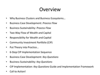 Overview
• Why Business Clusters and Business Ecosystems…
• Business Case Development: Process Flow
• Business Sustainability: Process Flow
• Two-Way Flow of Wealth and Capital
• Responsibility for Wealth and Capital
• Community Investment Portfolio (CIP)
• Put Theory into Practice…
• 6-Step CIP Implementation Sequence
• Business Case Development: Key Questions
• Business Sustainability: Key Questions
• CIP Implementation: Key Questions Guide and Implementation Framework
• Call to Action!
 
