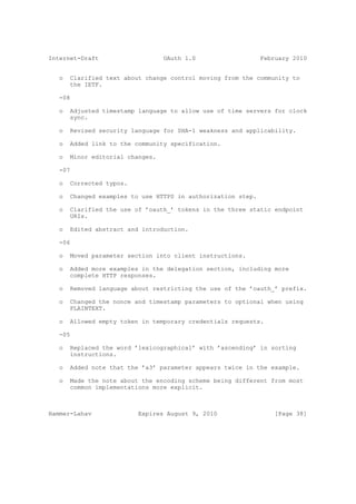 Internet-Draft                    OAuth 1.0                   February 2010


   o   Clarified text about change control moving from the community to
       the IETF.

   -08

   o   Adjusted timestamp language to allow use of time servers for clock
       sync.

   o   Revised security language for SHA-1 weakness and applicability.

   o   Added link to the community specification.

   o   Minor editorial changes.

   -07

   o   Corrected typos.

   o   Changed examples to use HTTPS in authorization step.

   o   Clarified the use of ’oauth_’ tokens in the three static endpoint
       URIs.

   o   Edited abstract and introduction.

   -06

   o   Moved parameter section into client instructions.

   o   Added more examples in the delegation section, including more
       complete HTTP responses.

   o   Removed language about restricting the use of the ’oauth_’ prefix.

   o   Changed the nonce and timestamp parameters to optional when using
       PLAINTEXT.

   o   Allowed empty token in temporary credentials requests.

   -05

   o   Replaced the word ’lexicographical’ with ’ascending’ in sorting
       instructions.

   o   Added note that the ’a3’ parameter appears twice in the example.

   o   Made the note about the encoding scheme being different from most
       common implementations more explicit.



Hammer-Lahav              Expires August 9, 2010                  [Page 38]
 