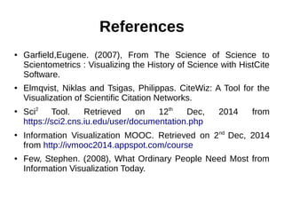 References
● Garfield,Eugene. (2007), From The Science of Science to
Scientometrics : Visualizing the History of Science with HistCite
Software.
● Elmqvist, Niklas and Tsigas, Philippas. CiteWiz: A Tool for the
Visualization of Scientific Citation Networks.
●
Sci2
Tool. Retrieved on 12th
Dec, 2014 from
https://sci2.cns.iu.edu/user/documentation.php
●
Information Visualization MOOC. Retrieved on 2nd
Dec, 2014
from http://ivmooc2014.appspot.com/course
● Few, Stephen. (2008), What Ordinary People Need Most from
Information Visualization Today.
 