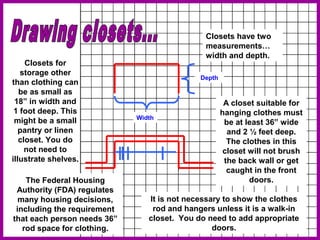 Width
Depth
Closets have two
measurements…
width and depth.
A closet suitable for
hanging clothes must
be at least 36” wide
and 2 ½ feet deep.
The clothes in this
closet will not brush
the back wall or get
caught in the front
doors.
It is not necessary to show the clothes
rod and hangers unless it is a walk-in
closet. You do need to add appropriate
doors.
Closets for
storage other
than clothing can
be as small as
18” in width and
1 foot deep. This
might be a small
pantry or linen
closet. You do
not need to
illustrate shelves.
The Federal Housing
Authority (FDA) regulates
many housing decisions,
including the requirement
that each person needs 36”
rod space for clothing.
 