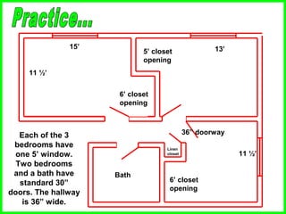 11 ½’
15’
6’ closet
opening
5’ closet
opening
13’
6’ closet
opening
Linen
closet 11 ½’
36” doorwayEach of the 3
bedrooms have
one 5’ window.
Two bedrooms
and a bath have
standard 30”
doors. The hallway
is 36” wide.
Bath
 