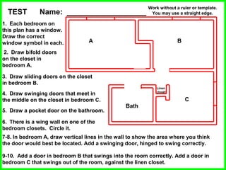 Linen
closet
Bath
TEST Name: ___________________
2. Draw bifold doors
on the closet in
bedroom A.
1. Each bedroom on
this plan has a window.
Draw the correct
window symbol in each. A B
C
3. Draw sliding doors on the closet
in bedroom B.
4. Draw swinging doors that meet in
the middle on the closet in bedroom C.
5. Draw a pocket door on the bathroom.
6. There is a wing wall on one of the
bedroom closets. Circle it.
7-8. In bedroom A, draw vertical lines in the wall to show the area where you think
the door would best be located. Add a swinging door, hinged to swing correctly.
9-10. Add a door in bedroom B that swings into the room correctly. Add a door in
bedroom C that swings out of the room, against the linen closet.
Work without a ruler or template.
You may use a straight edge.
 