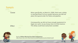Sample
More specifically, on March 4, 20XX, there was a delay
in starting Phase II of our project because you did not
place the special order for flasks and pipettes.
Consequently, we did not have enough equipment to
begin our work. As you know, time is of the essence.
This delay could have easily been avoided.
Cause
Effect
Source: Written Warning Poor Work Performance
(http://www.med.umich.edu/medschool/staff/discipline/section4/letterN.pdf)
 
