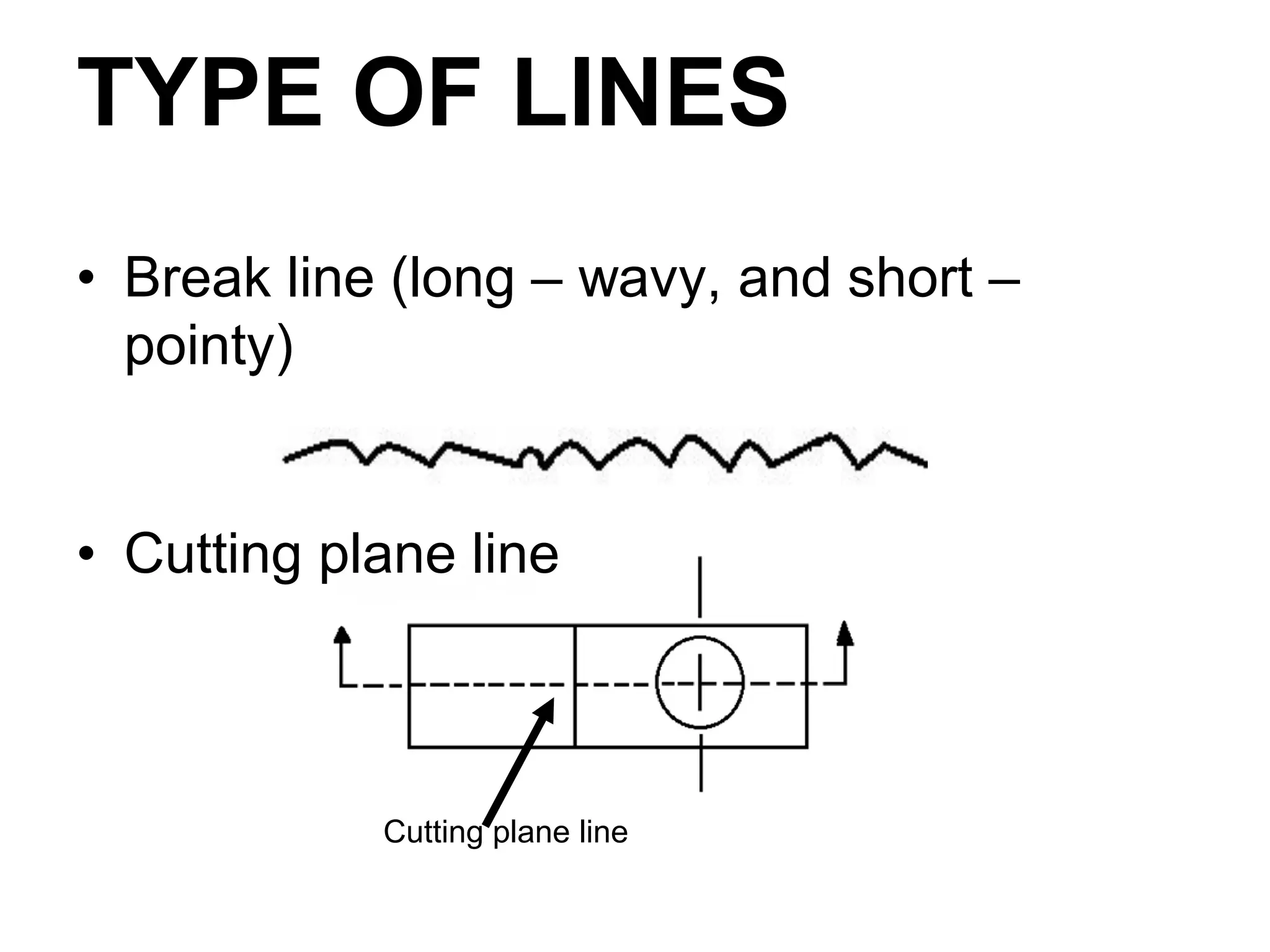 TYPE OF LINES
• Break line (long – wavy, and short –
pointy)
• Cutting plane line
Cutting plane line
 