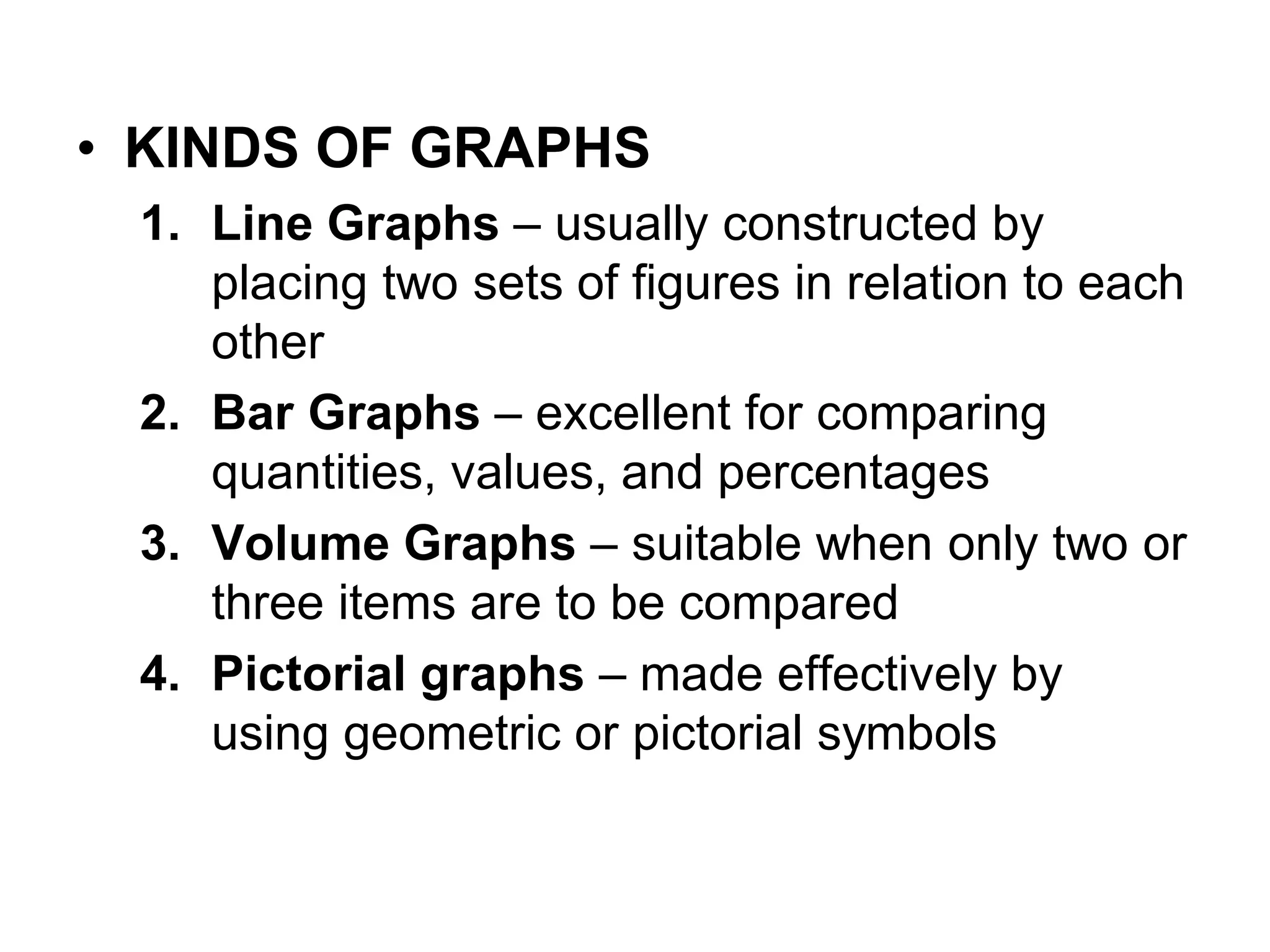 • KINDS OF GRAPHS
1. Line Graphs – usually constructed by
placing two sets of figures in relation to each
other
2. Bar Graphs – excellent for comparing
quantities, values, and percentages
3. Volume Graphs – suitable when only two or
three items are to be compared
4. Pictorial graphs – made effectively by
using geometric or pictorial symbols
 