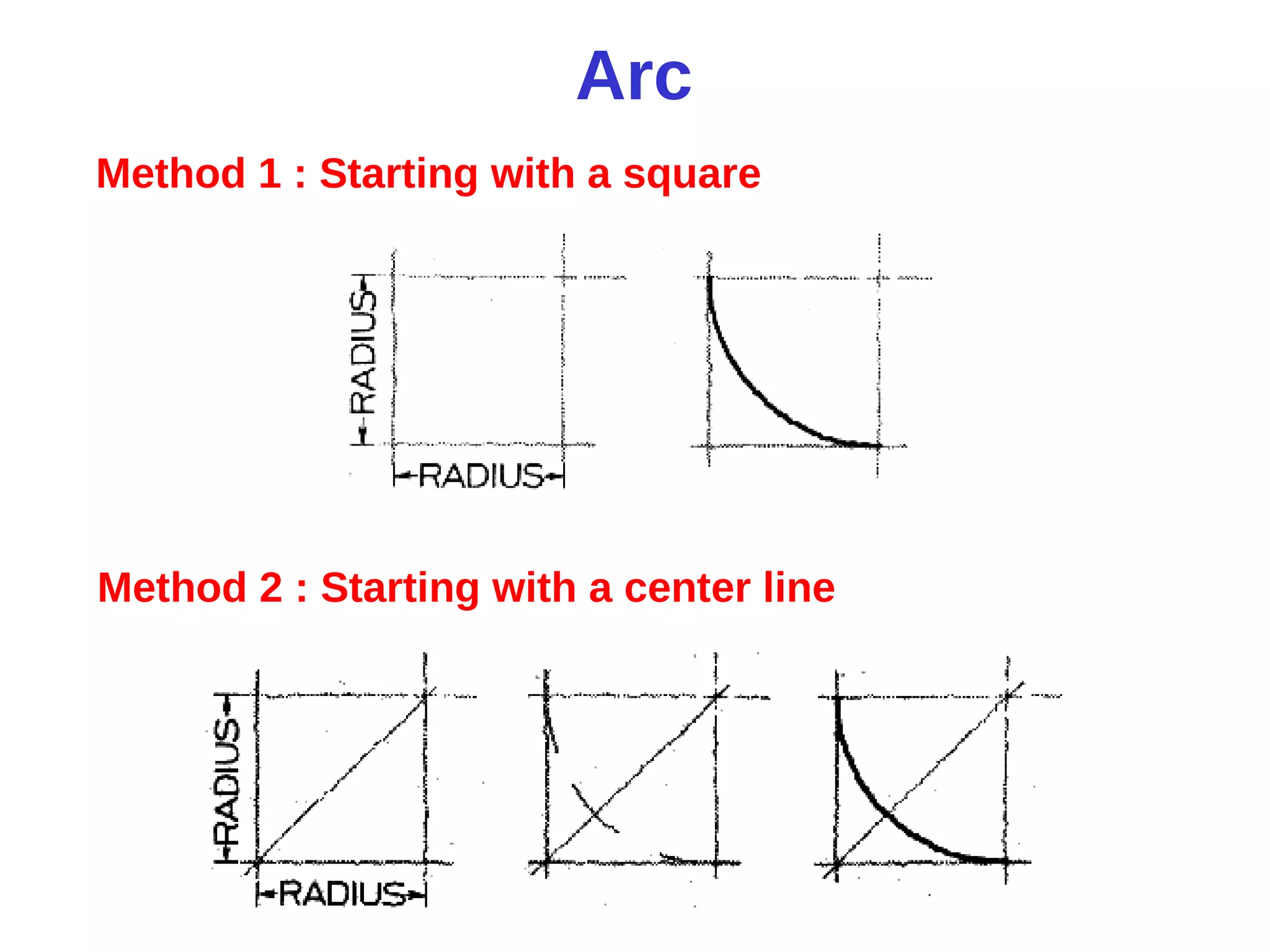 Arc
Method 1 : Starting with a square
Method 2 : Starting with a center line
 