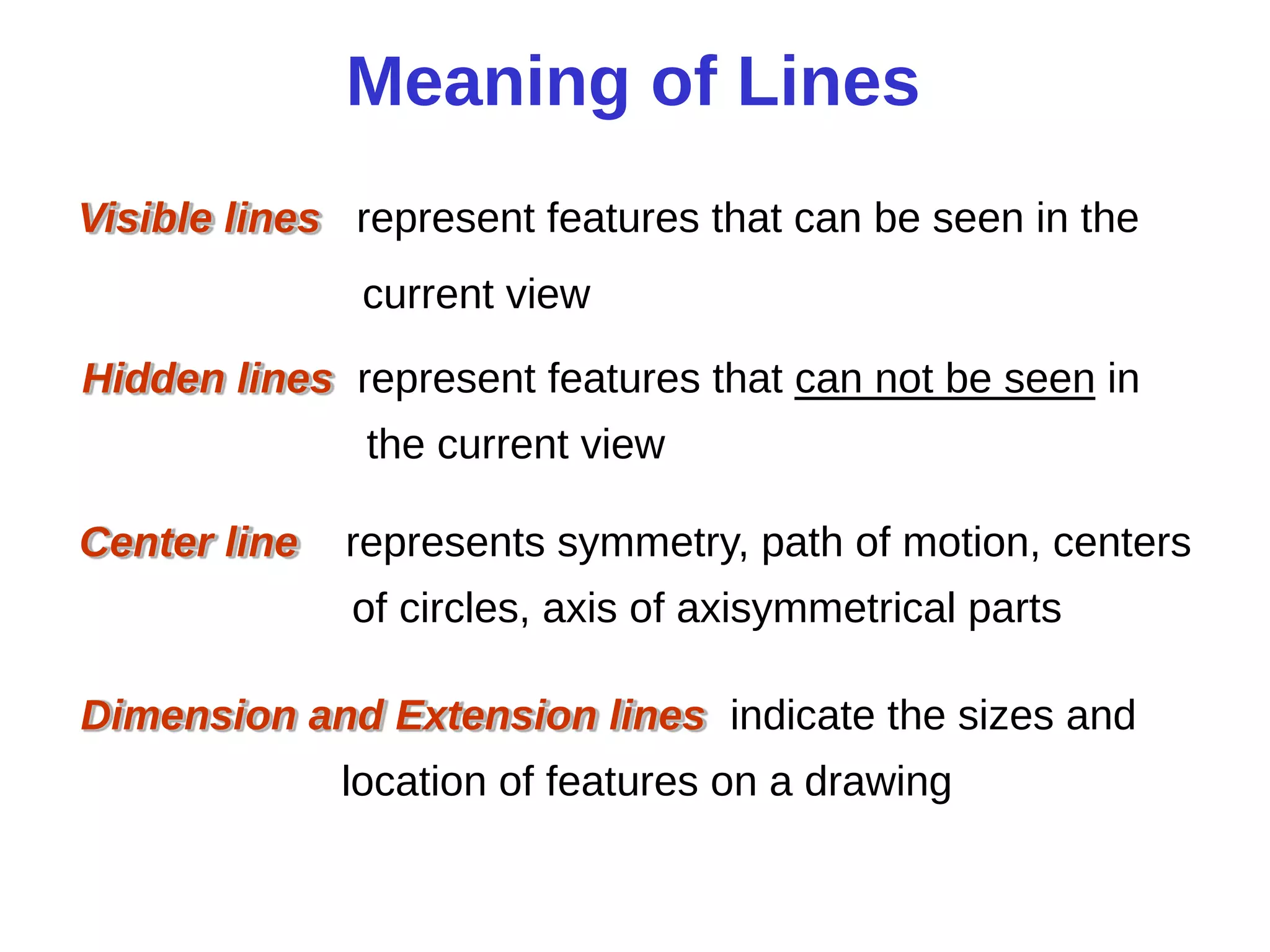 Visible lines represent features that can be seen in the
current view
Meaning of Lines
Hidden lines represent features that can not be seen in
the current view
Center line represents symmetry, path of motion, centers
of circles, axis of axisymmetrical parts
Dimension and Extension lines indicate the sizes and
location of features on a drawing
 