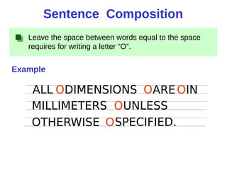 Leave the space between words equal to the space
requires for writing a letter “O”.
Example
Sentence Composition
ALL DIMENSIONS ARE IN
MILLIMETERS
O O O
OUNLESS
OTHERWISE SPECIFIED.O
 