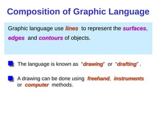 Graphic language use lines to represent the surfaces,
edges and contours of objects.
A drawing can be done using freehand, instruments
or computer methods.
Composition of Graphic Language
The language is known as “drawing” or “drafting” .
 