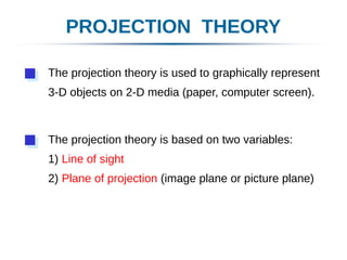 PROJECTION THEORY
The projection theory is based on two variables:
1) Line of sight
2) Plane of projection (image plane or picture plane)
The projection theory is used to graphically represent
3-D objects on 2-D media (paper, computer screen).
 