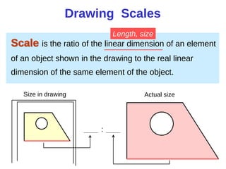 Drawing Scales
Scale is the ratio of the linear dimension of an element
of an object shown in the drawing to the real linear
dimension of the same element of the object.
Size in drawing Actual size
Length, size
:
 