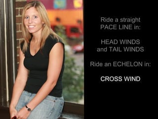 Ride a straight PACE LINE in: HEAD WINDS and TAIL WINDS Ride an ECHELON in: CROSS WIND 
