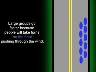 Large groups go  faster because  people will take turns  “on the front” pushing through the wind. 