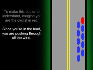 To make this easier to understand, imagine you are the cyclist in red. Since you’re in the lead, you are pushing through all the wind. 
