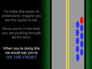 To make this easier to understand, imagine you are the cyclist in red. Since you’re in the lead, you are pushing through all the wind. When you’re doing this we would say you’re ON THE FRONT 