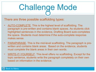 Challenge Mode 
There are three possible scaffolding types: 
• AUTO-COMPLETE. This is the highest level of scaffolding. The 
paragraph is pre-written and contains blank spaces. As students click 
highlighted sentences in the evidence, Drafting Board auto-completes 
the space. Students must determine if the auto-complete response 
makes sense. 
• PARAPHRASE. This is the mid-level scaffolding. The paragraph is pre-written 
and contains blank areas. Based on the evidence, students 
must complete the blank areas in their own words. 
• WRITE-IT-YOURSELF. This level offers no scaffolding. Except for the 
topic sentence, students write the paragraph completely on their own 
based on information in the evidence. 
Back to Menu 
 