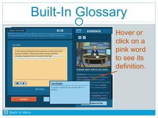 Built-In Glossary 
Hover or 
click on a 
pink word 
to see its 
definition. 
Back to Menu 
 