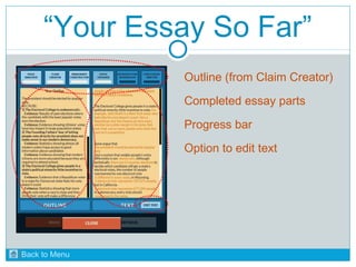 “Your Essay So Far” 
Outline (from Claim Creator) 
Completed essay parts 
Progress bar 
Option to edit text 
Back to Menu 
 