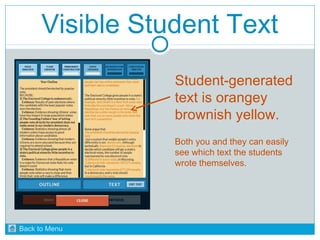 Visible Student Text 
Student-generated 
text is orangey 
brownish yellow. 
Both you and they can easily 
see which text the students 
wrote themselves. 
Back to Menu 
 