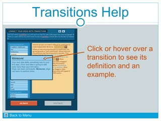 Transitions Help 
Click or hover over a 
transition to see its 
definition and an 
example. 
Back to Menu 
 