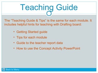 Teaching Guide 
The “Teaching Guide & Tips” is the same for each module. It 
includes helpful hints for teaching with Drafting board: 
• Getting Started guide 
• Tips for each module 
• Guide to the teacher report data 
• How to use the Concept Activity PowerPoint 
Back to Menu 
 